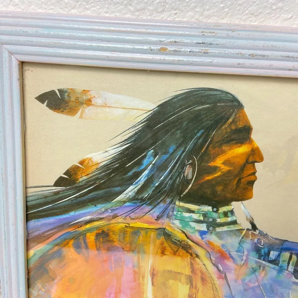 Vintage Watercolor Art Native American Man Indian Framed Artist Signed